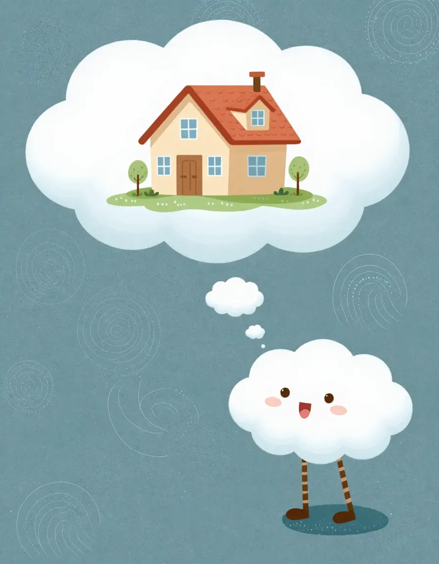 Una nubecita con patas que sueña despierta con una casa dentro de una nube más grande