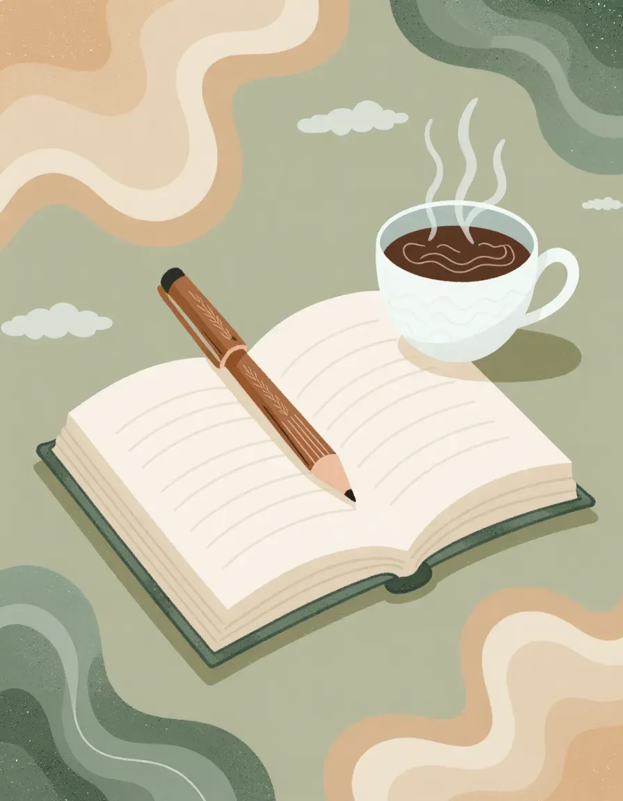 Un cuaderno abierto con un lápiz encima, junto a una taza de café humeante
