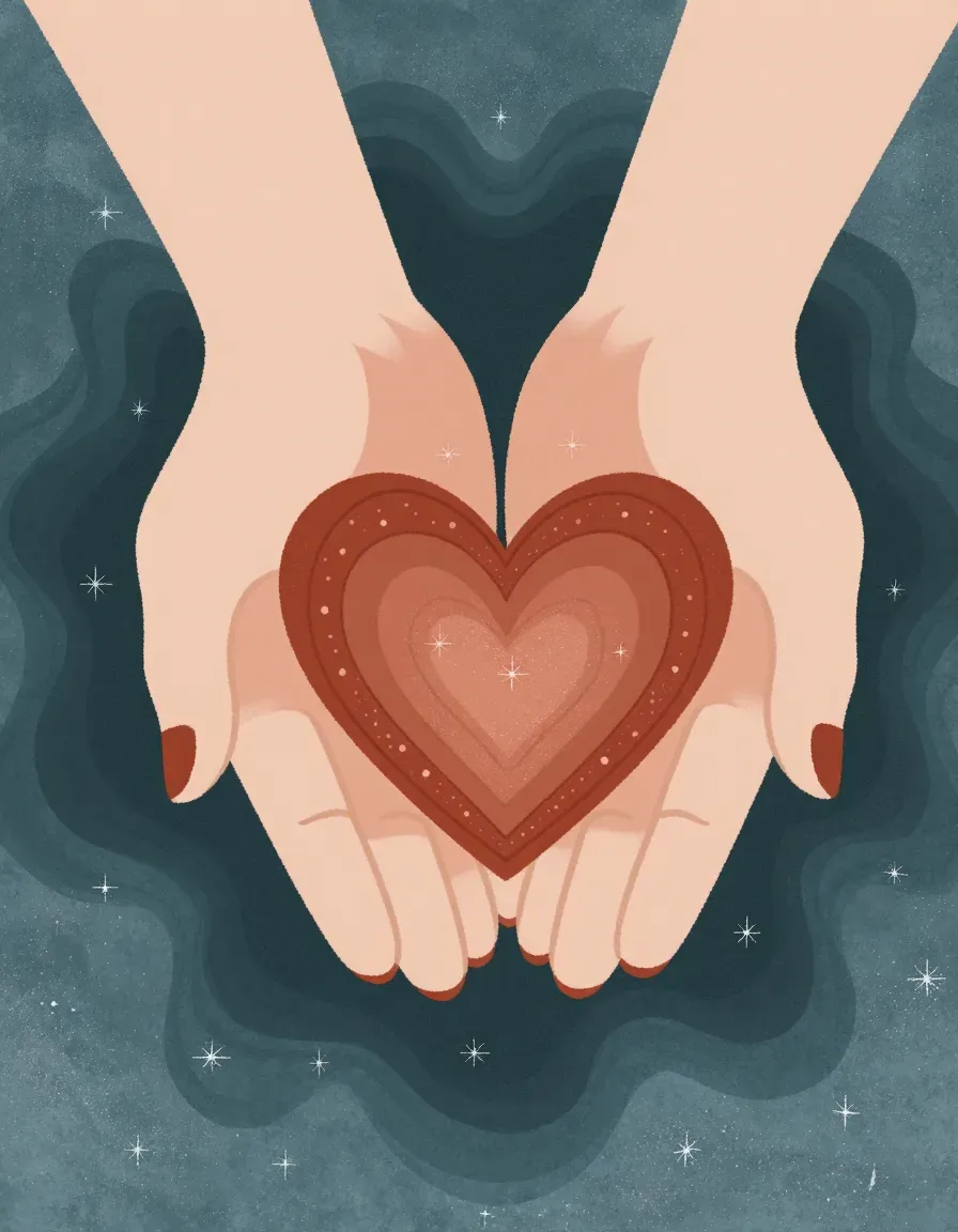 Dos manos ahuecadas sosteniendo un corazón de capas bajo un cielo de estrellas